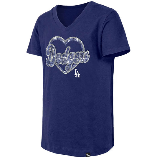 LOS ANGELES DODGERS GIRLS FLIP HEART SEQUIN V-NECK T-SHIRT - BLUE