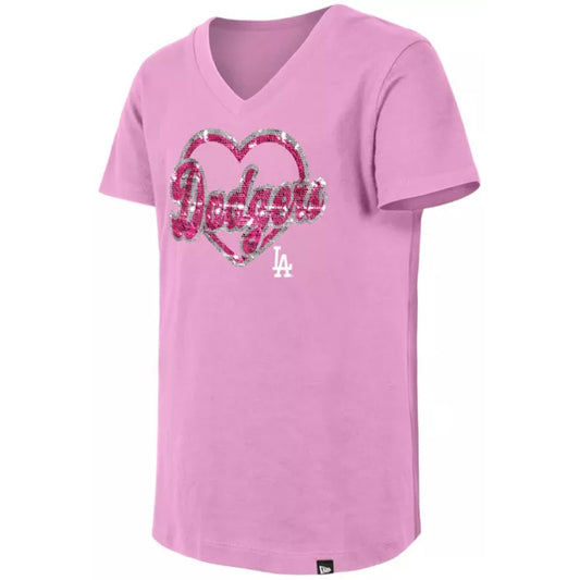 LOS ANGELES DODGERS  GIRLS FLIP HEART SEQUIN V-NECK T-SHIRT - PINK