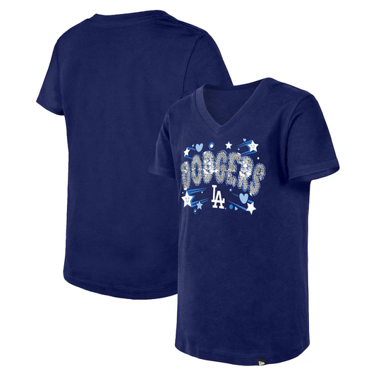 LOS ANGELES DODGERS GIRLS STAR HEART SEQUIN V-NECK T-SHIRT