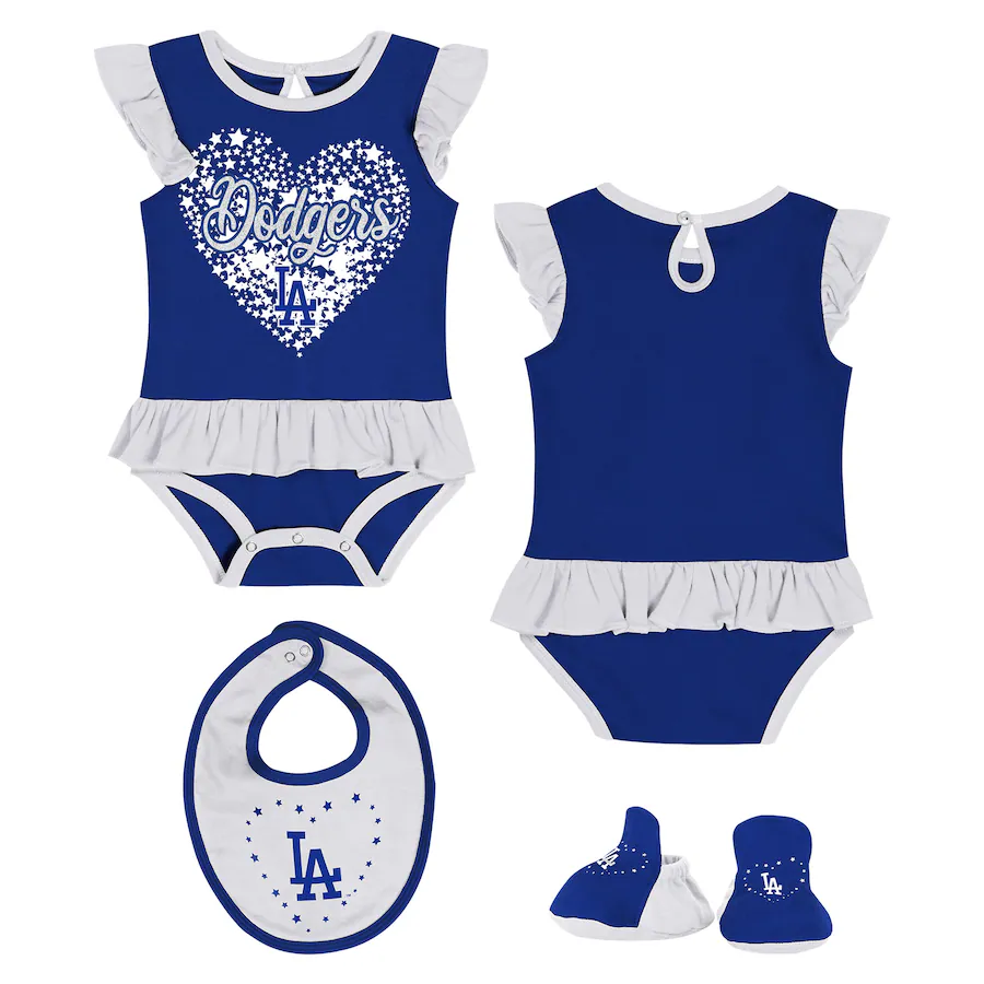 LOS ANGELES DODGERS INFANT FAN CHEER BODYSUIT, BIB, AND BOOTIE SET - BLUE