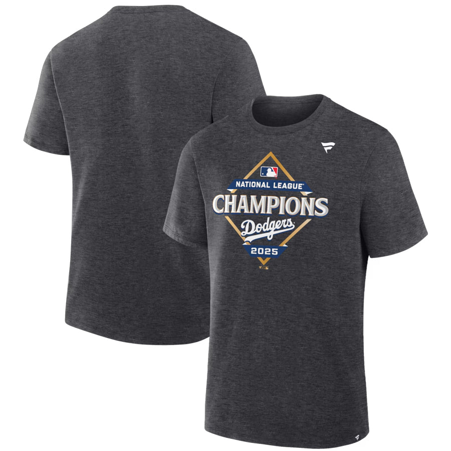 LOS ANGELES DODGERS MEN'S 2025 NATIONAL LEAGUE CHAMPIONS LOCKER ROOM T-SHIRT - GRAY