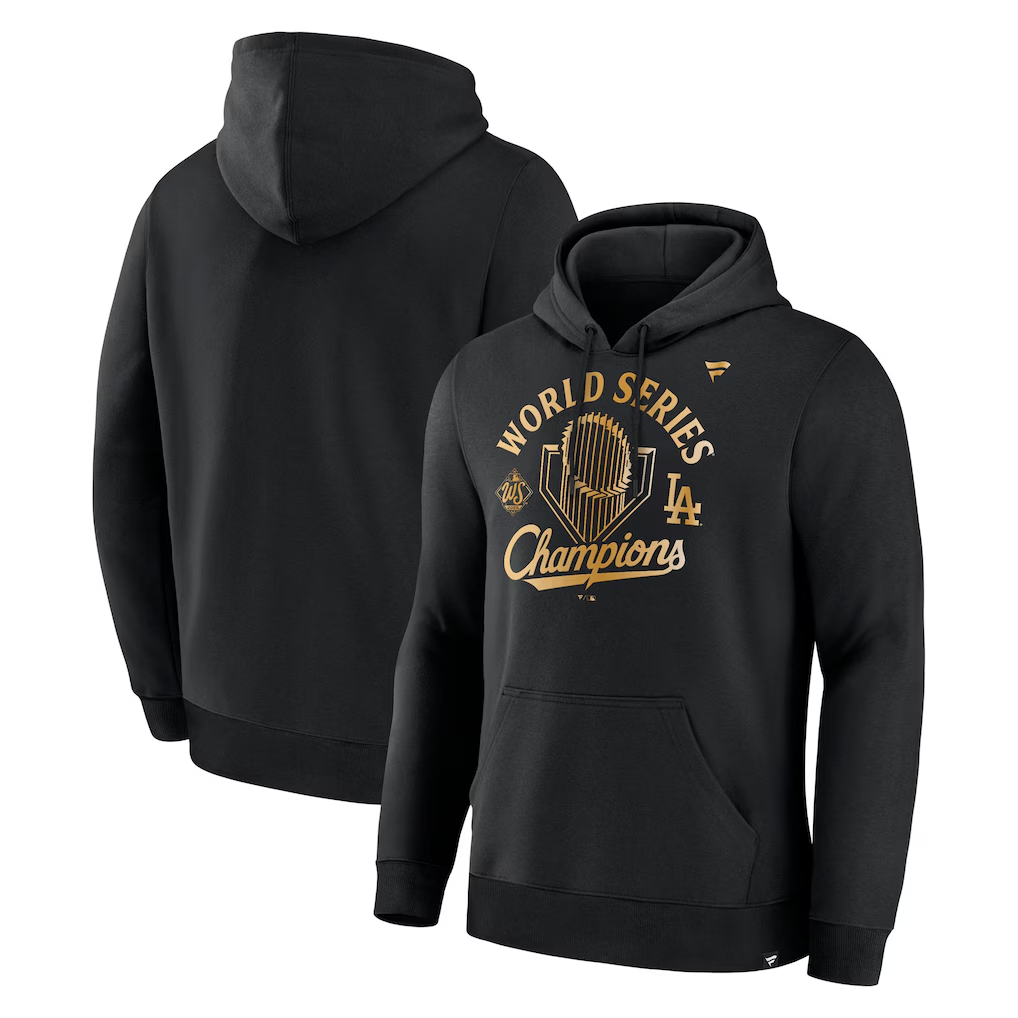 LOS ANGELES DODGERS MEN'S 2025 WORLD SERIES CHAMPIONS LOCKER ROOM PARADE DAY PULLOVER HOODED SWEATSHIRT - BLACK/GOLD