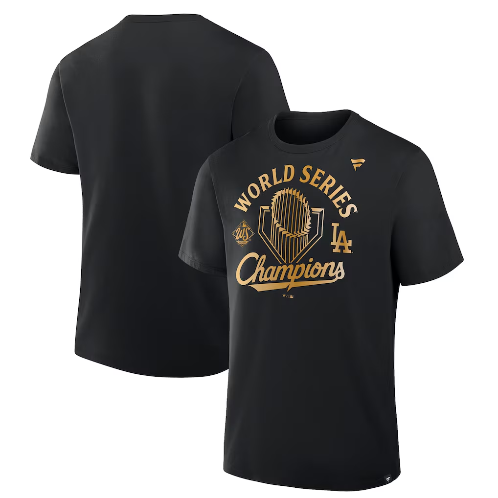LOS ANGELES DODGERS MEN'S 2025 WORLD SERIES CHAMPIONS LOCKER ROOM PARADE DAY T-SHIRT - BLACK/GOLD