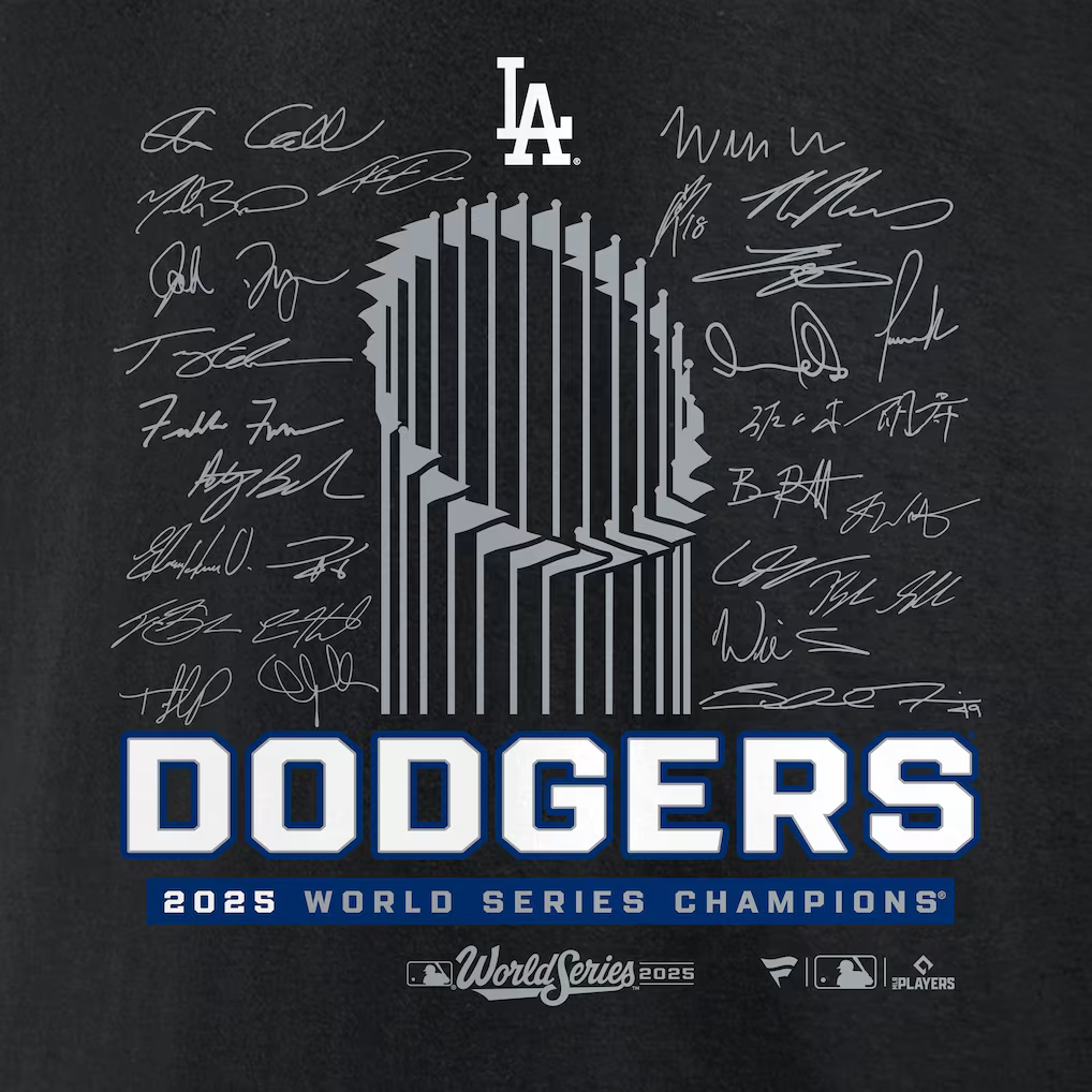 LOS ANGELES DODGERS MEN'S 2025 WORLD SERIES CHAMPIONS SIGNATURE ROSTER T-SHIRT - BLACK