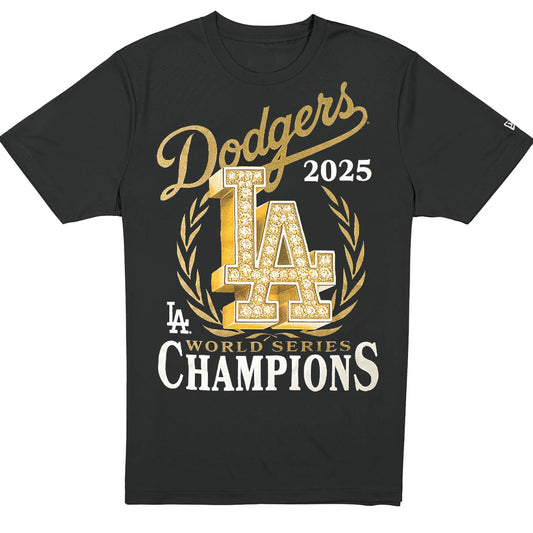 LOS ANGELES DODGERS MEN'S NEWERA BLING LOGO WORLD SERIES CHAMPIONS T-SHIRT - BLACK