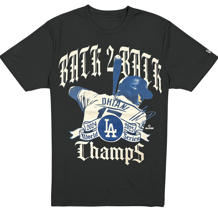 LOS ANGELES DODGERS SHOHEI OHTANI MEN'S NEWERA BACK 2 BACK WORLD SERIES CHAMPIONS T-SHIRT - BLACK