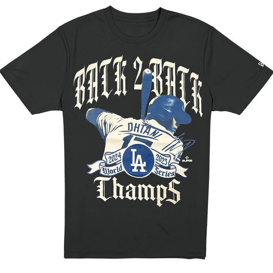 LOS ANGELES DODGERS SHOHEI OHTANI MEN'S NEWERA BACK 2 BACK WORLD SERIES CHAMPIONS T-SHIRT - BLACK