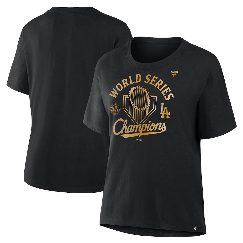 LOS ANGELES DODGERS WOMEN'S 2025 WORLD SERIES CHAMPIONS LOCKER ROOM PARADE DAY T-SHIRT - BLACK/GOLD