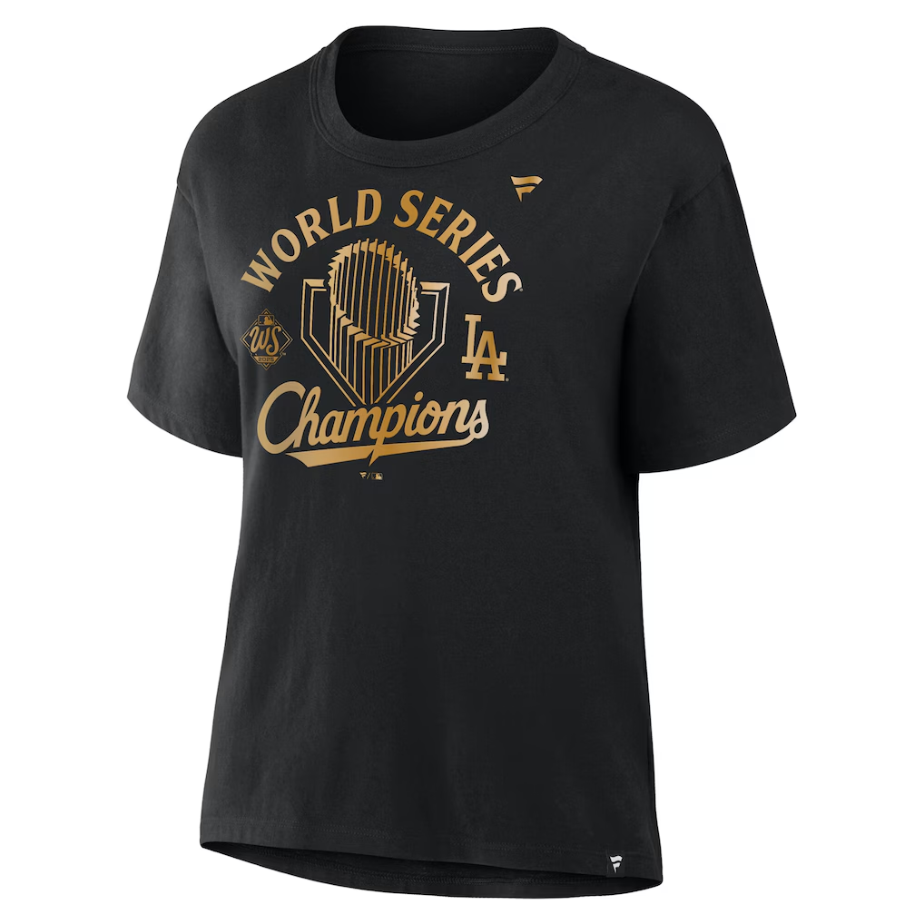 LOS ANGELES DODGERS WOMEN'S 2025 WORLD SERIES CHAMPIONS LOCKER ROOM PARADE DAY T-SHIRT - BLACK/GOLD
