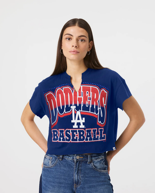 LOS ANGELES DODGERS WOMEN'S '47 BRAND WIN BIG OVERSIZED NOTCH NECK T-SHIRT - BLUE
