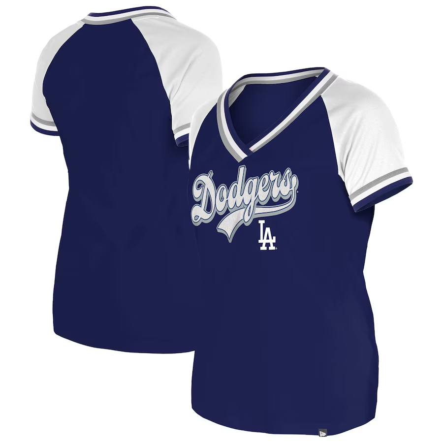 LOS ANGELES DODGERS WOMEN'S GLITTER SCRIPT RAGLAN V-NECK T-SHIRT - BLUE
