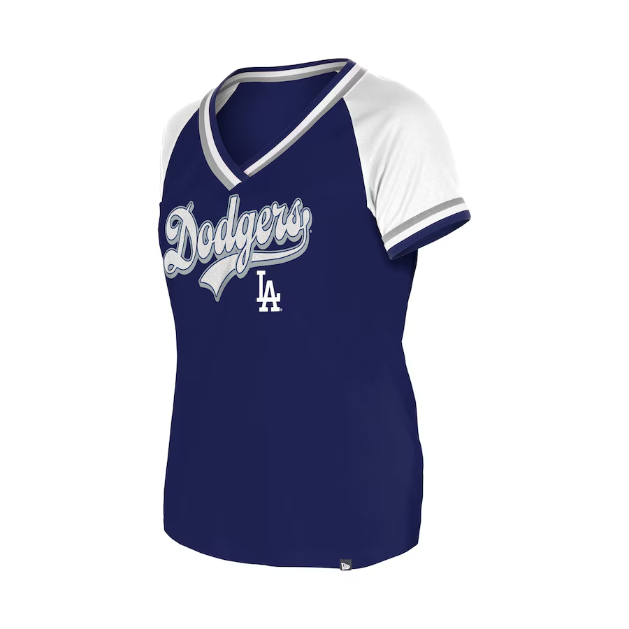 LOS ANGELES DODGERS WOMEN'S GLITTER SCRIPT RAGLAN V-NECK T-SHIRT - BLUE