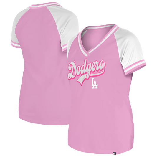 LOS ANGELES DODGERS WOMEN'S GLITTER SCRIPT RAGLAN V-NECK T-SHIRT - PINK