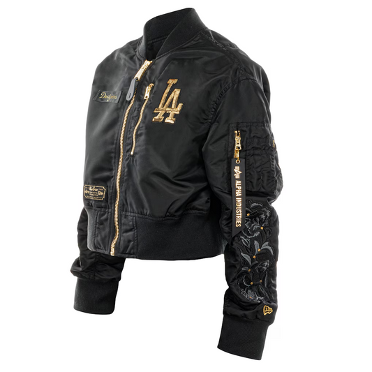 LOS ANGELES DODGERS WOMEN'S NEWERA X ALPHA INDUSTRIES CROPPED FULL-ZIP JACKET - BLACK/GOLD