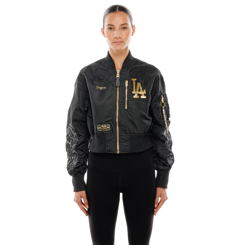 LOS ANGELES DODGERS WOMEN'S NEWERA X ALPHA INDUSTRIES CROPPED FULL-ZIP JACKET - BLACK/GOLD