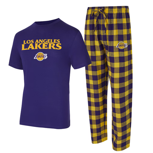 LOS ANGELES LAKERS MEN'S COLLEGE CONCEPTS AVONDALE T-SHIRT & FLANNEL PANT SLEEPWEAR SET - PURPLE/GOLD