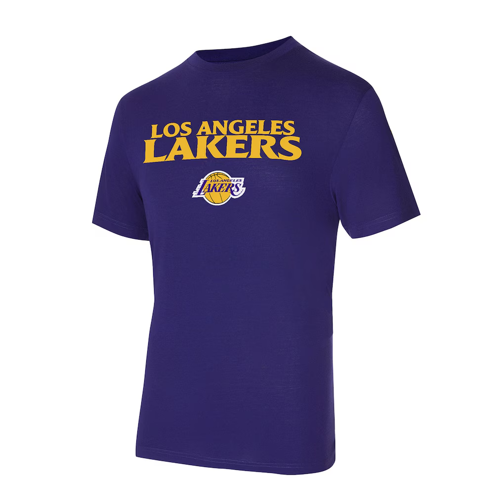 LOS ANGELES LAKERS MEN'S COLLEGE CONCEPTS AVONDALE T-SHIRT & FLANNEL PANT SLEEPWEAR SET - PURPLE/GOLD
