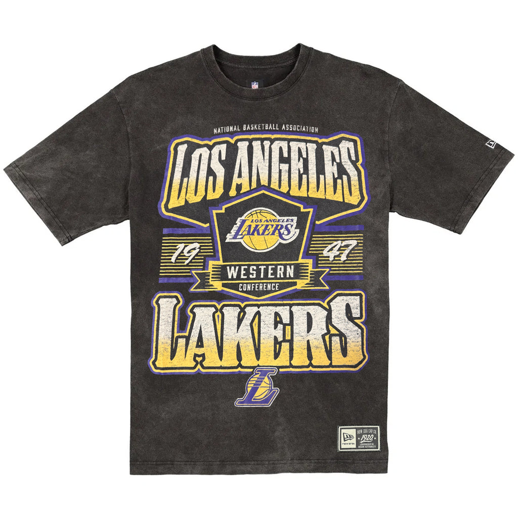 LOS ANGELES LAKERS MEN'S NEW ERA THROWBACK ACID WASH T-SHIRT - BLACK