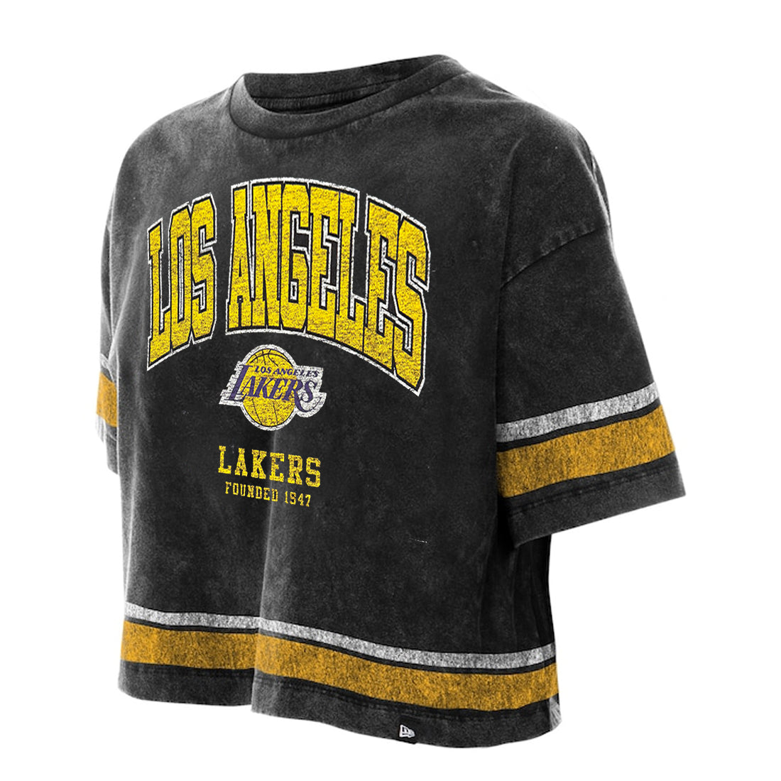 LOS ANGELES LAKERS WOMEN'S NEW ERA LIFE STYLE STONE WASH BOXY CROPPED T-SHIRT - BLACK