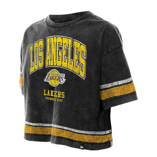 LOS ANGELES LAKERS WOMEN'S NEW ERA LIFE STYLE STONE WASH BOXY CROPPED T-SHIRT - BLACK
