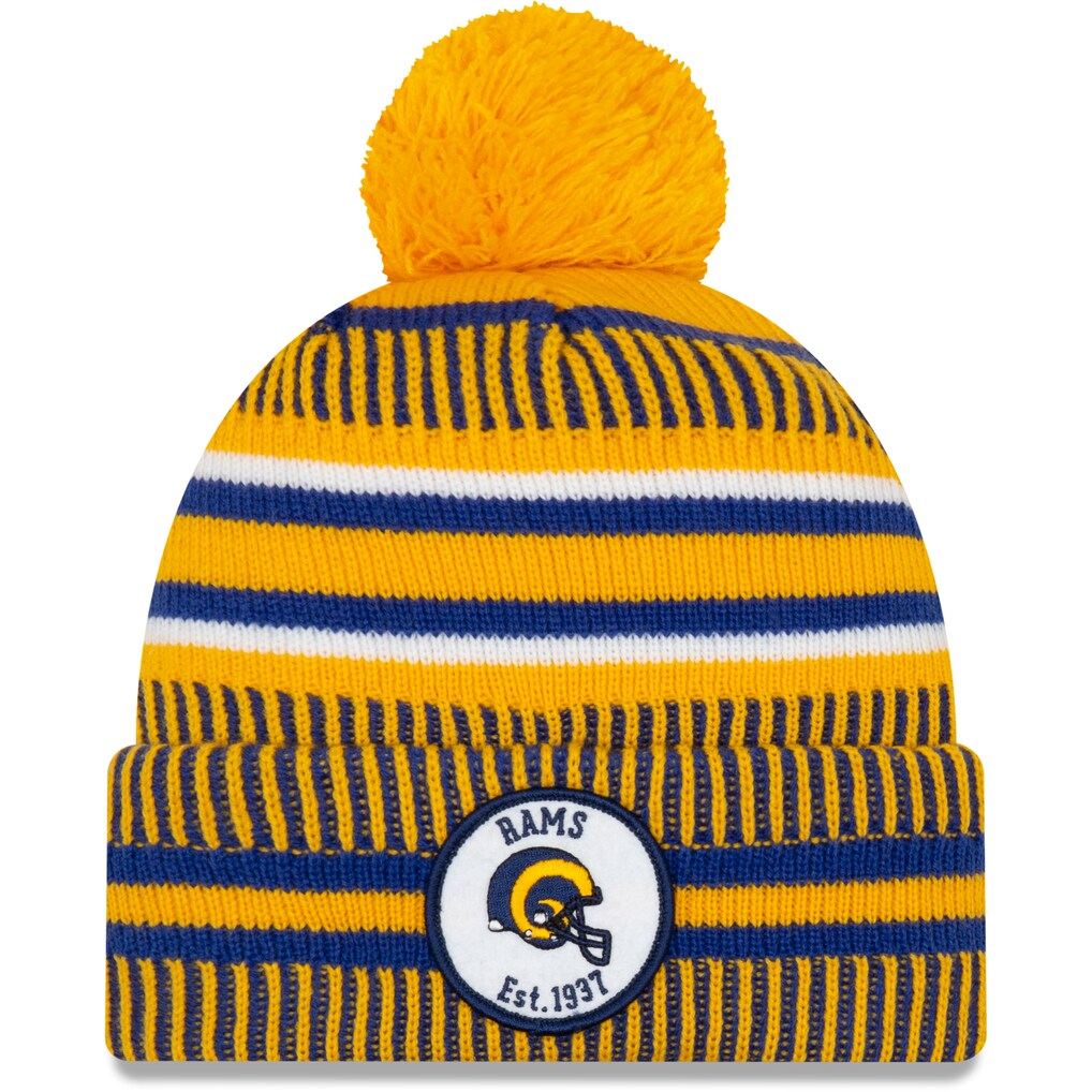 LOS ANGELES RAMS 2019 NFL SIDELINE HOME REVERSE 'HELMET' SPORT CUFFED KNIT WITH POM - GOLD/BLUE