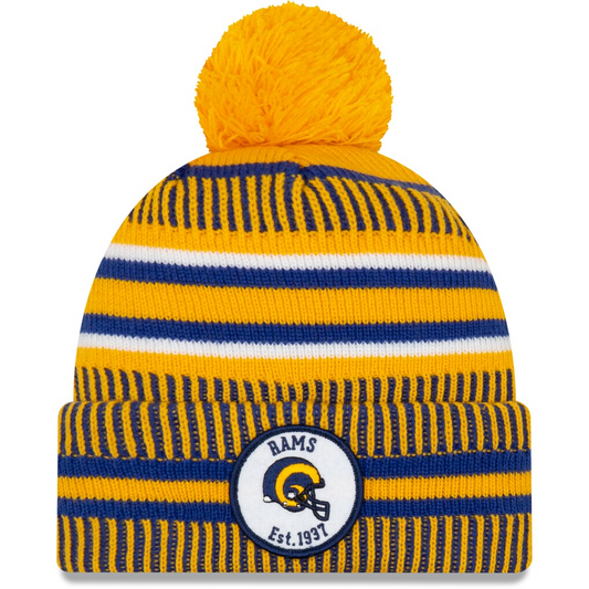 LOS ANGELES RAMS 2019 NFL SIDELINE HOME REVERSE 'HELMET' SPORT CUFFED KNIT WITH POM - GOLD/BLUE