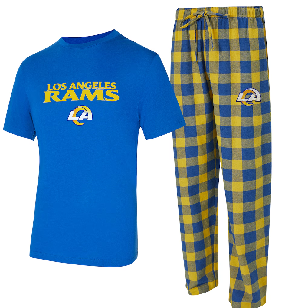 LOS ANGELES RAMS MEN'S COLLEGE CONCEPTS AVONDALE T-SHIRT & FLANNEL PANT SLEEPWEAR SET - ROYAL/GOLD