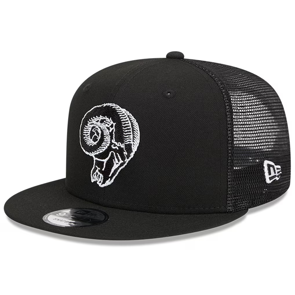 LOS ANGELES RAMS RETRO EVERGREEN TRUCKER 9FIFTY SNAPBACK HAT - BLACK/WHITE