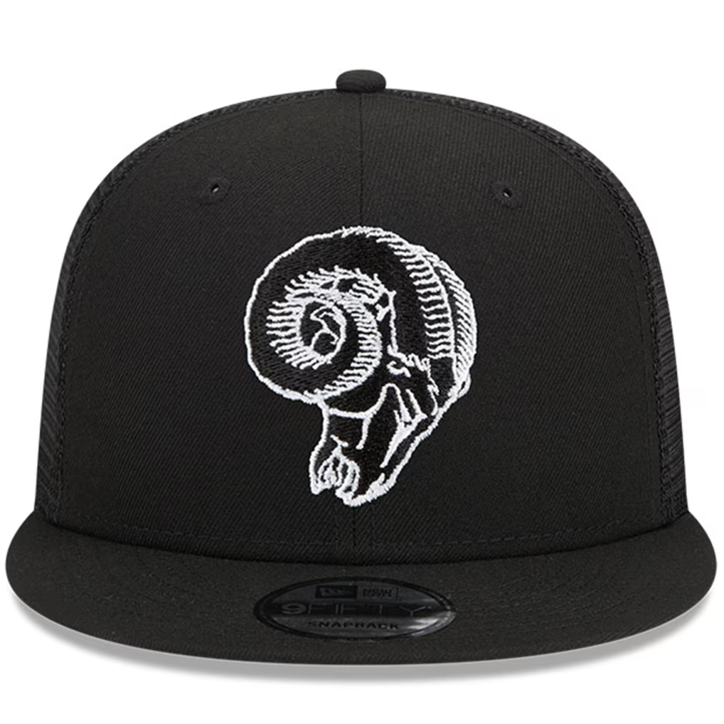 LOS ANGELES RAMS RETRO EVERGREEN TRUCKER 9FIFTY SNAPBACK HAT - BLACK/WHITE