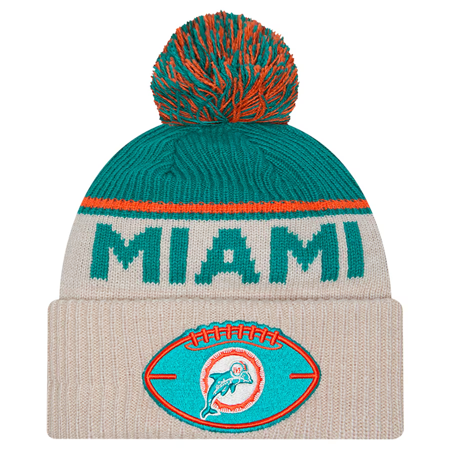 MIAMI DOLPHINS 2024 NFL HISTORIC SIDELINE CUFFED KNIT BEANIE WITH POM - STONE/AQUA