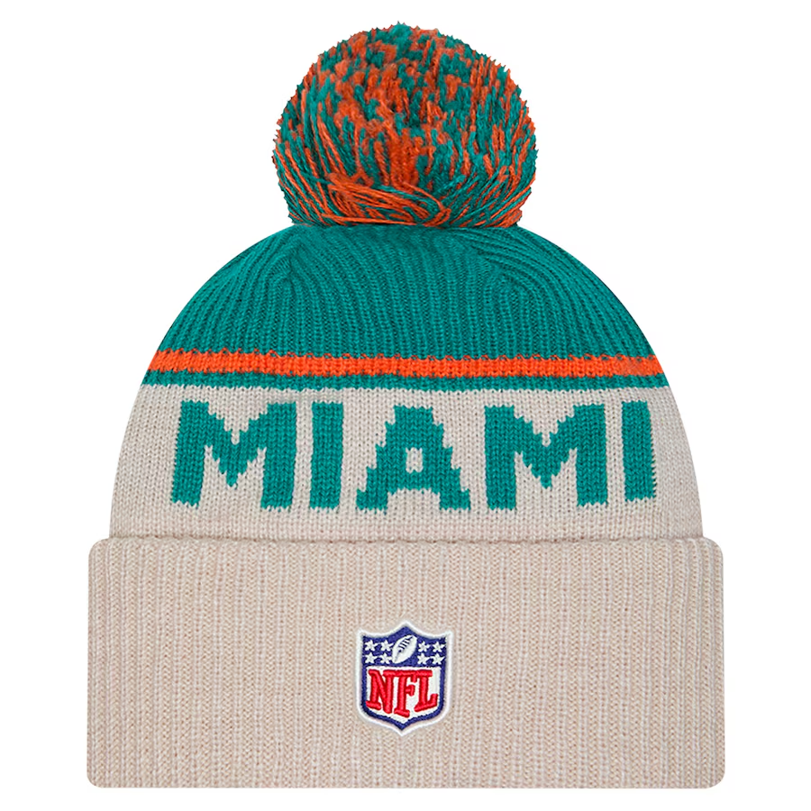 MIAMI DOLPHINS 2024 NFL HISTORIC SIDELINE CUFFED KNIT BEANIE WITH POM - STONE/AQUA