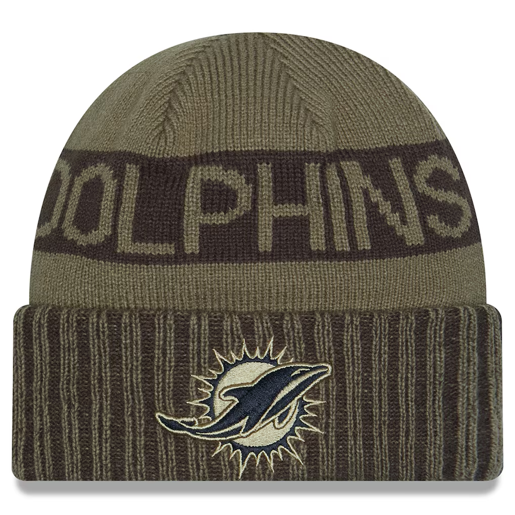 MIAMI DOLPHINS 2025 NFL SALUTE TO SERVICE CUFFED KNIT BEANIE - DARK GREEN