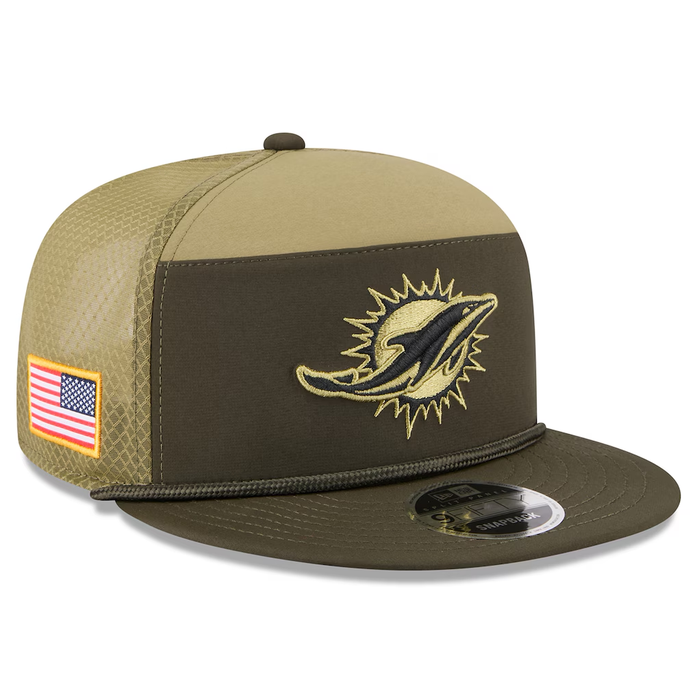 MIAMI DOLPHINS 2025 NFL SALUTE TO SERVICE SPLIT PANEL 9FIFTY SNAPBACK HAT - DARK GREEN