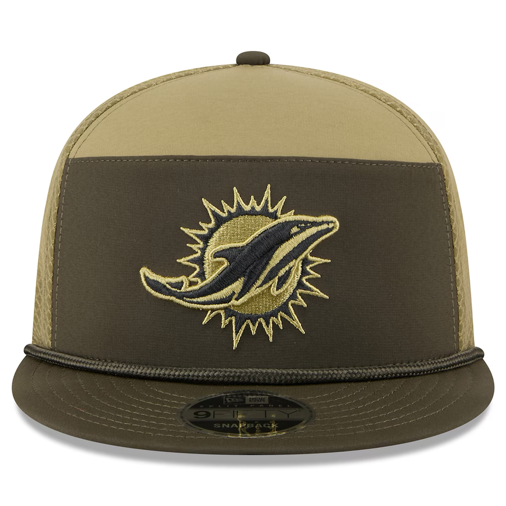 MIAMI DOLPHINS 2025 NFL SALUTE TO SERVICE SPLIT PANEL 9FIFTY SNAPBACK HAT - DARK GREEN