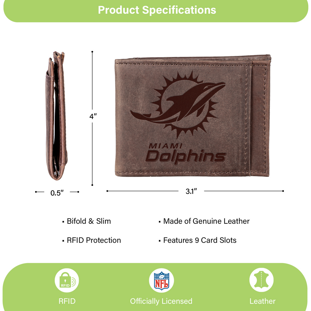 MIAMI DOLPHINS FRONT POCKET SLIM CARD HOLDER WITH RFID BLOCKING