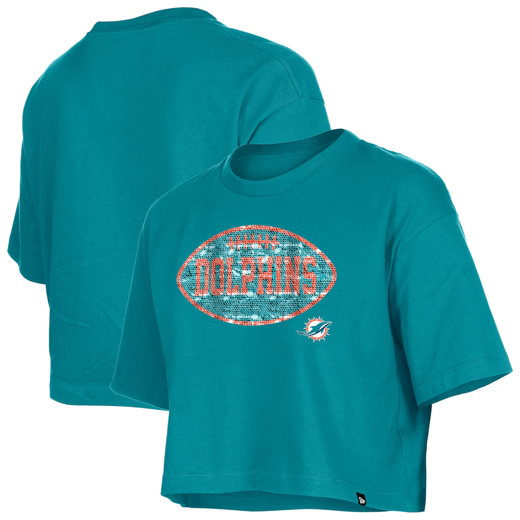 MIAMI DOLPHINS GIRLS NEW ERA  FOOTBALL FLIP SEQUINS BOXY T-SHIRT - AQUA