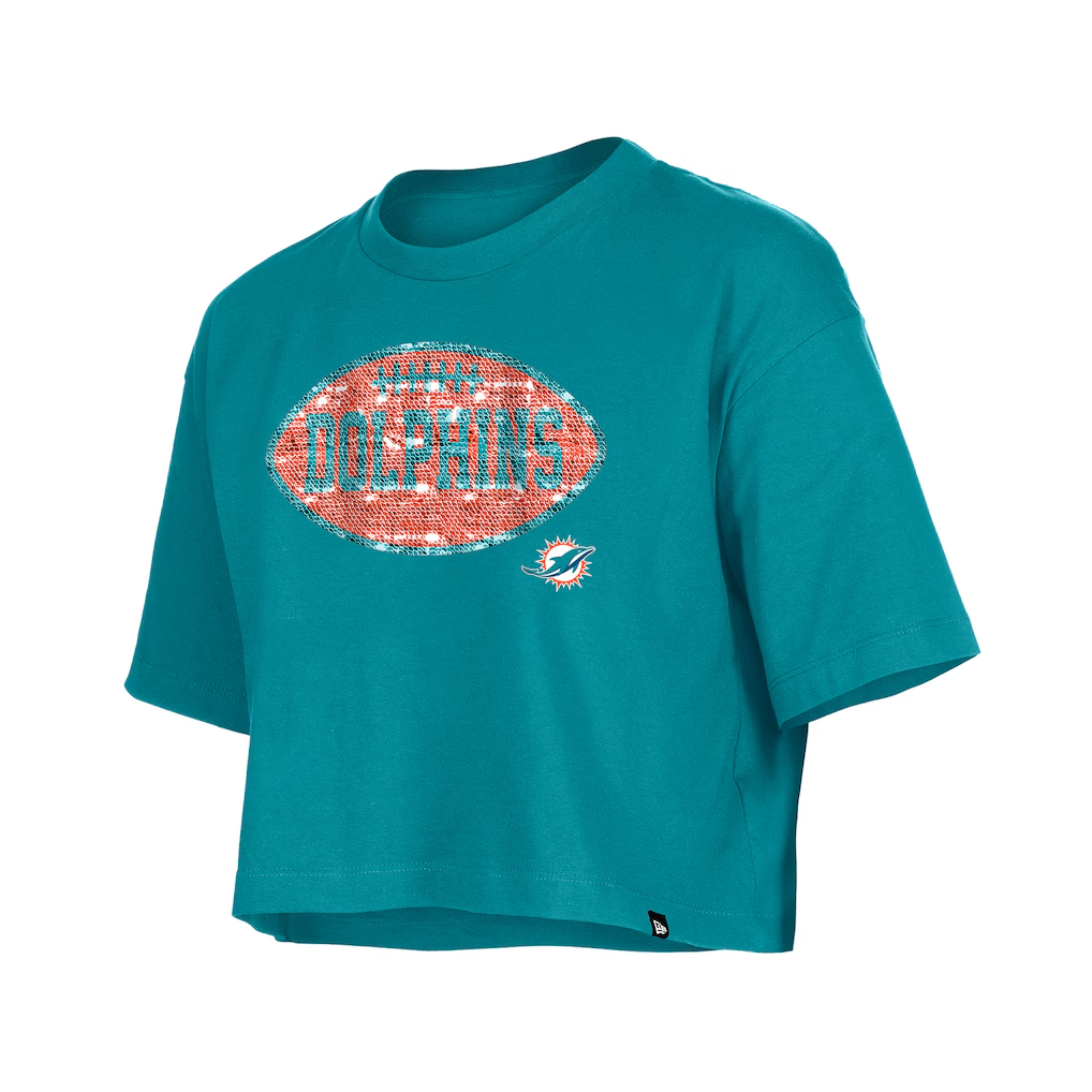 MIAMI DOLPHINS GIRLS NEW ERA  FOOTBALL FLIP SEQUINS BOXY T-SHIRT - AQUA