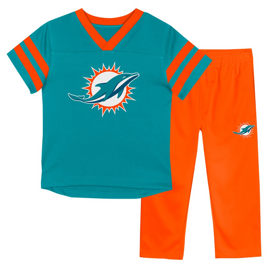 MIAMI DOLPHINS INFANT OUTERSTUFF RED ZONE T-SHIRT & PANT SET - AQUA/ORANGE