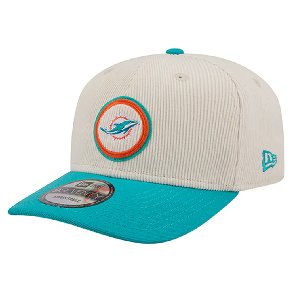 MIAMI DOLPHINS LOYAL CORDUROY 9SEVENTY STRETCH-SNAP ADJUSTABLE HAT - CHROME WHITE/AQUA