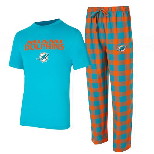 MIAMI DOLPHINS MEN'S COLLEGE CONCEPTS AVONDALE T-SHIRT & FLANNEL PANT SLEEPWEAR SET - AQUA/ORANGE