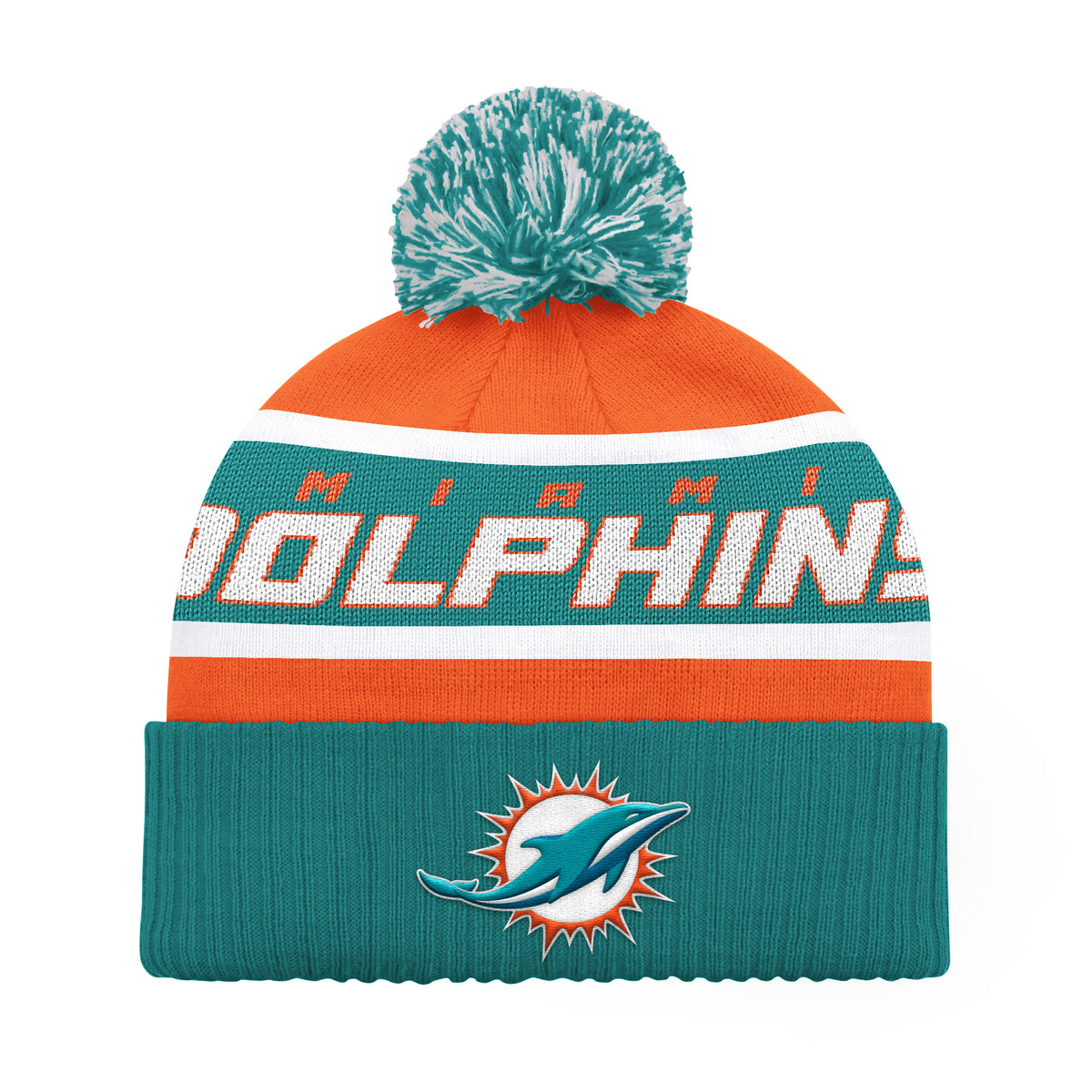 MIAMI DOLPHINS MEN'S STARTER LEGACY CUFFED KNIT WITH POM - AQUA/ORANGE