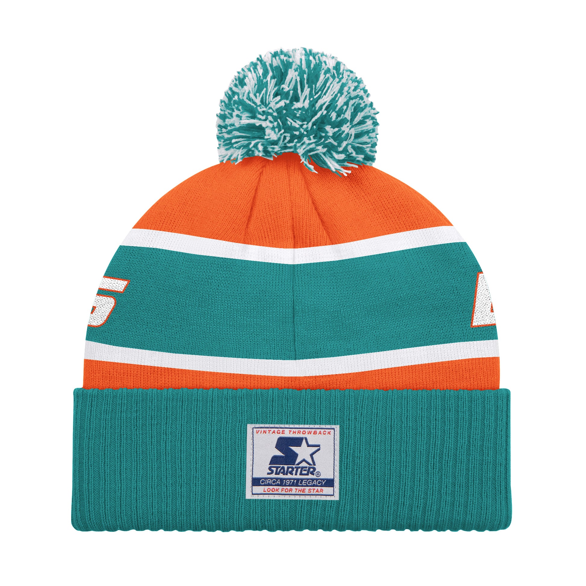 MIAMI DOLPHINS MEN'S STARTER LEGACY CUFFED KNIT WITH POM - AQUA/ORANGE