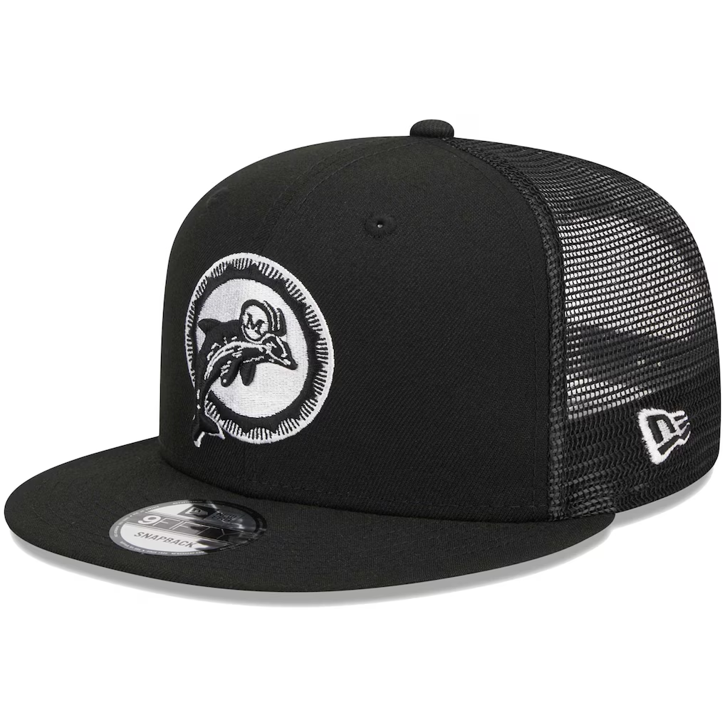 MIAMI DOLPHINS RETRO EVERGREEN TRUCKER 9FIFTY SNAPBACK HAT - BLACK/WHITE