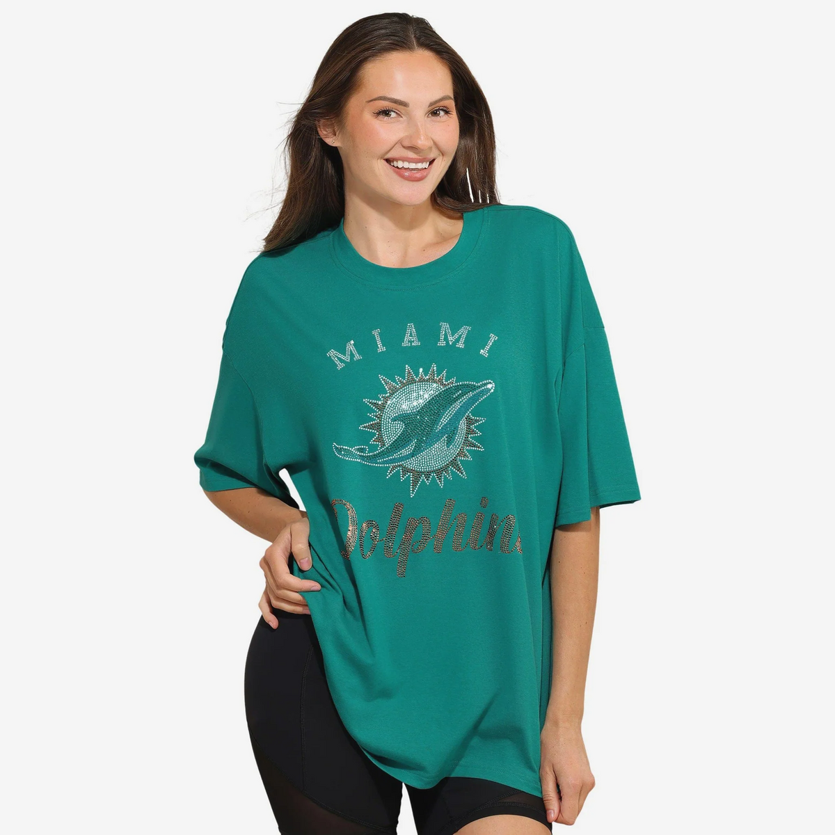 MIAMI DOLPHINS WOMEN'S FOCO RHINESTONE LOGO OVERSIZED T-SHIRT - AQUA