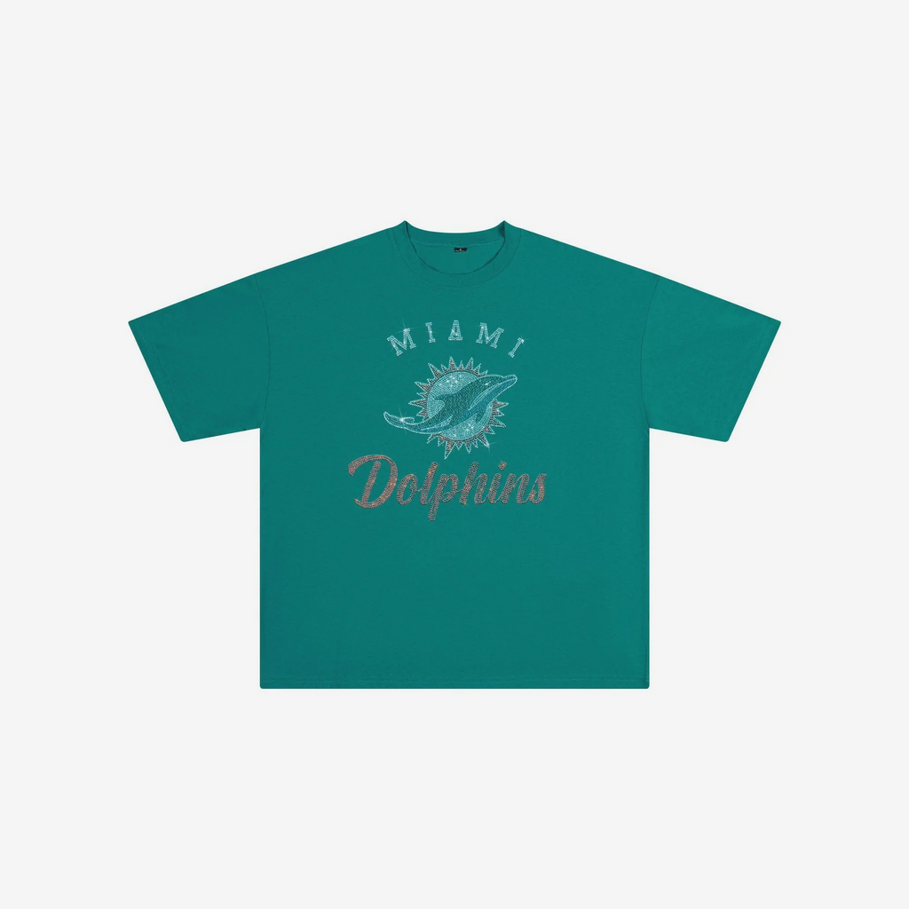 MIAMI DOLPHINS WOMEN'S FOCO RHINESTONE LOGO OVERSIZED T-SHIRT - AQUA