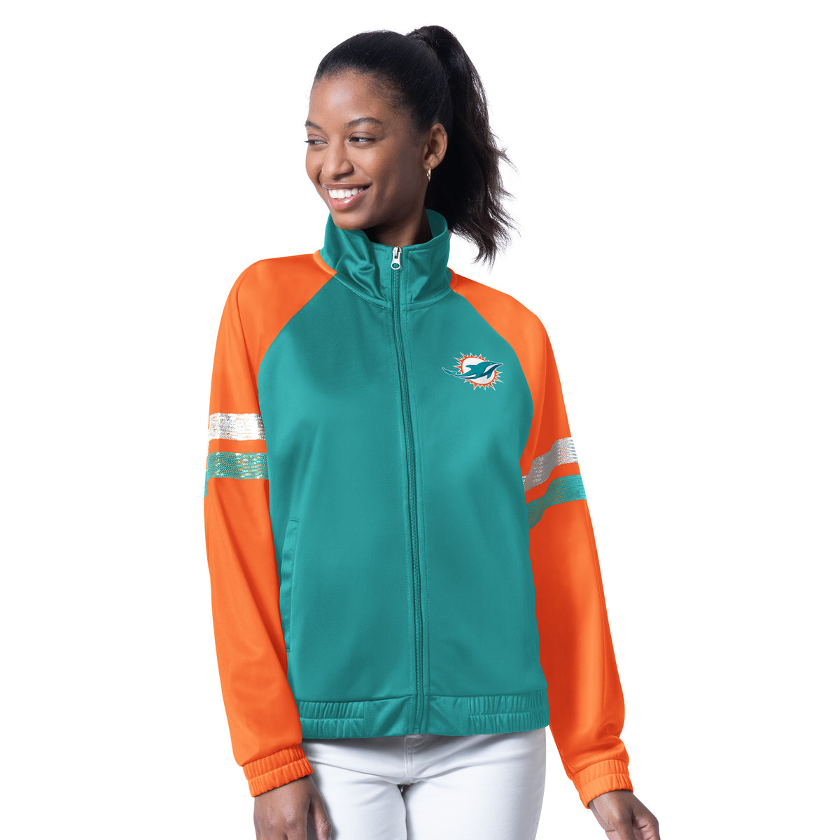 MIAMI DOLPHINS WOMEN'S G-III 4HER BY CARL BANKS FAN BLING TRACK JACKET