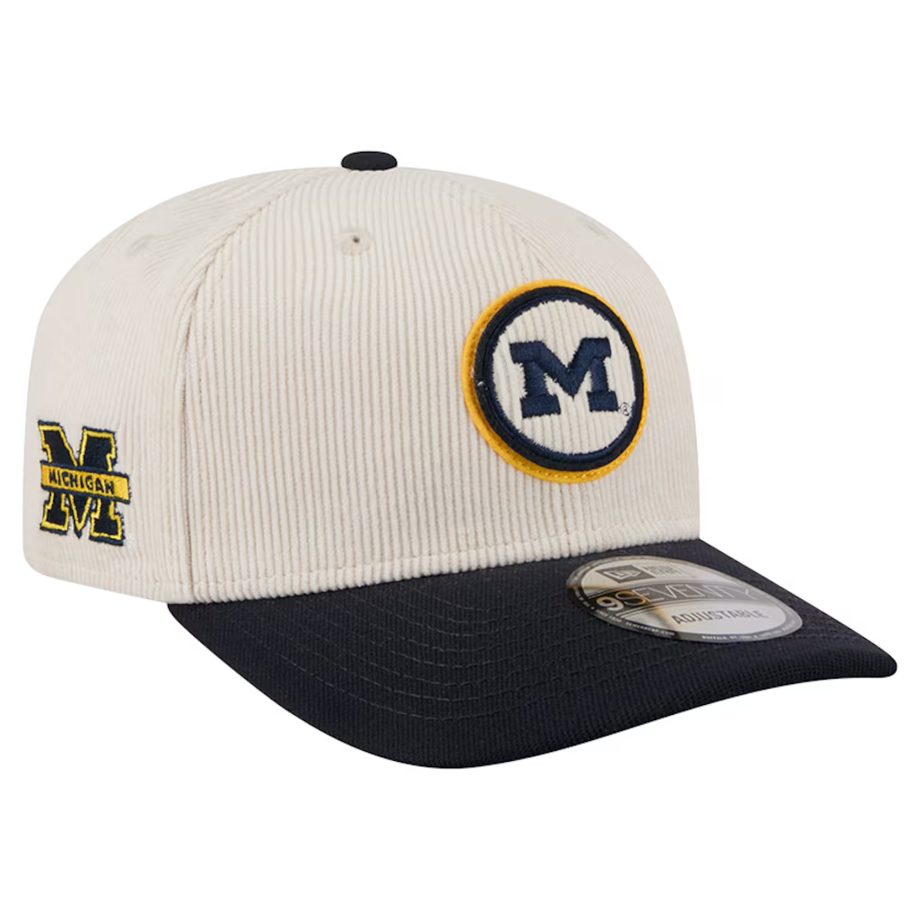 MICHIGAN WOLVERINES LOYAL CORDUROY 9SEVENTY STRETCH-SNAP ADJUSTABLE HAT - CHROME WHITE/NAVY