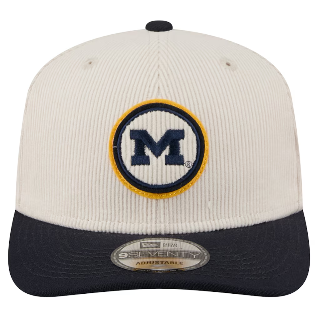 MICHIGAN WOLVERINES LOYAL CORDUROY 9SEVENTY STRETCH-SNAP ADJUSTABLE HAT - CHROME WHITE/NAVY