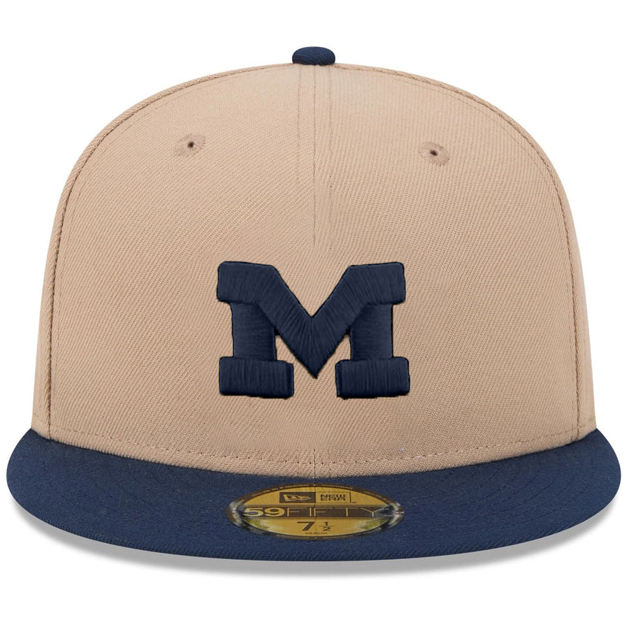 MICHIGAN WOLVERINES TWO-TONE EVERGREEN BASIC 59FIFTY FITTED HAT - CAMEL/NAVY