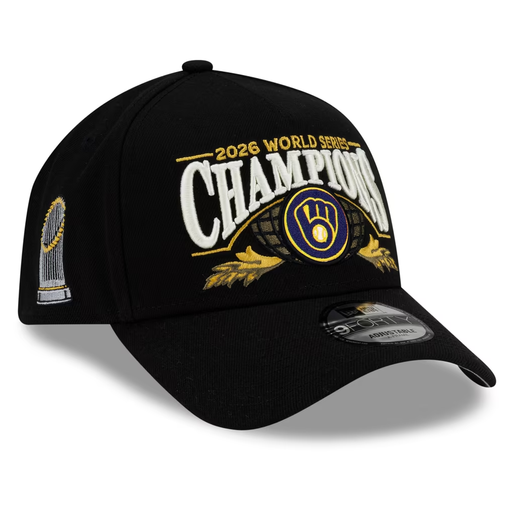 MILWAUKEE BREWERS NEW ERA 2026 MLB WORLD SERIES CHAMPIONS LOCKER ROOM 9FORTY A-FRAME ADJUSTABLE HAT - BLACK